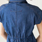 Reese denim shirt, back view showing loop tab and elasticated seam