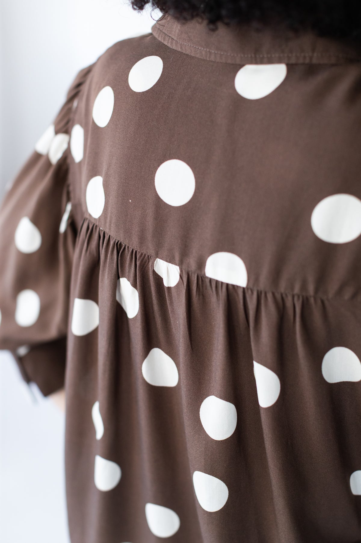 Harper polka dot shirt, close-up of gathered back yoke