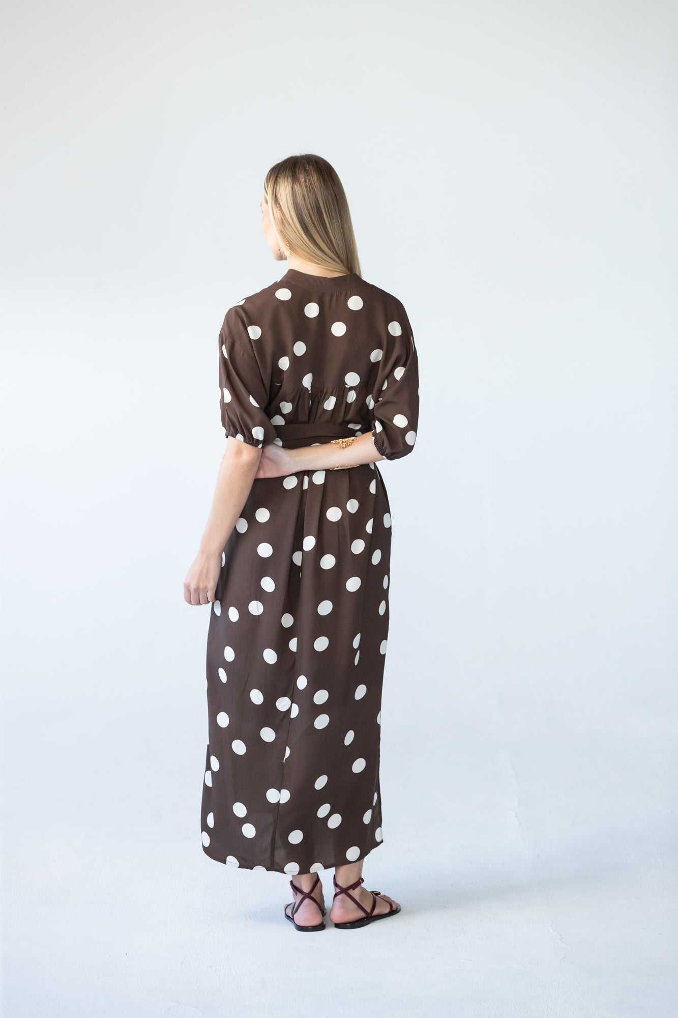 Sloane polka dot dress, back view showing gathered yoke