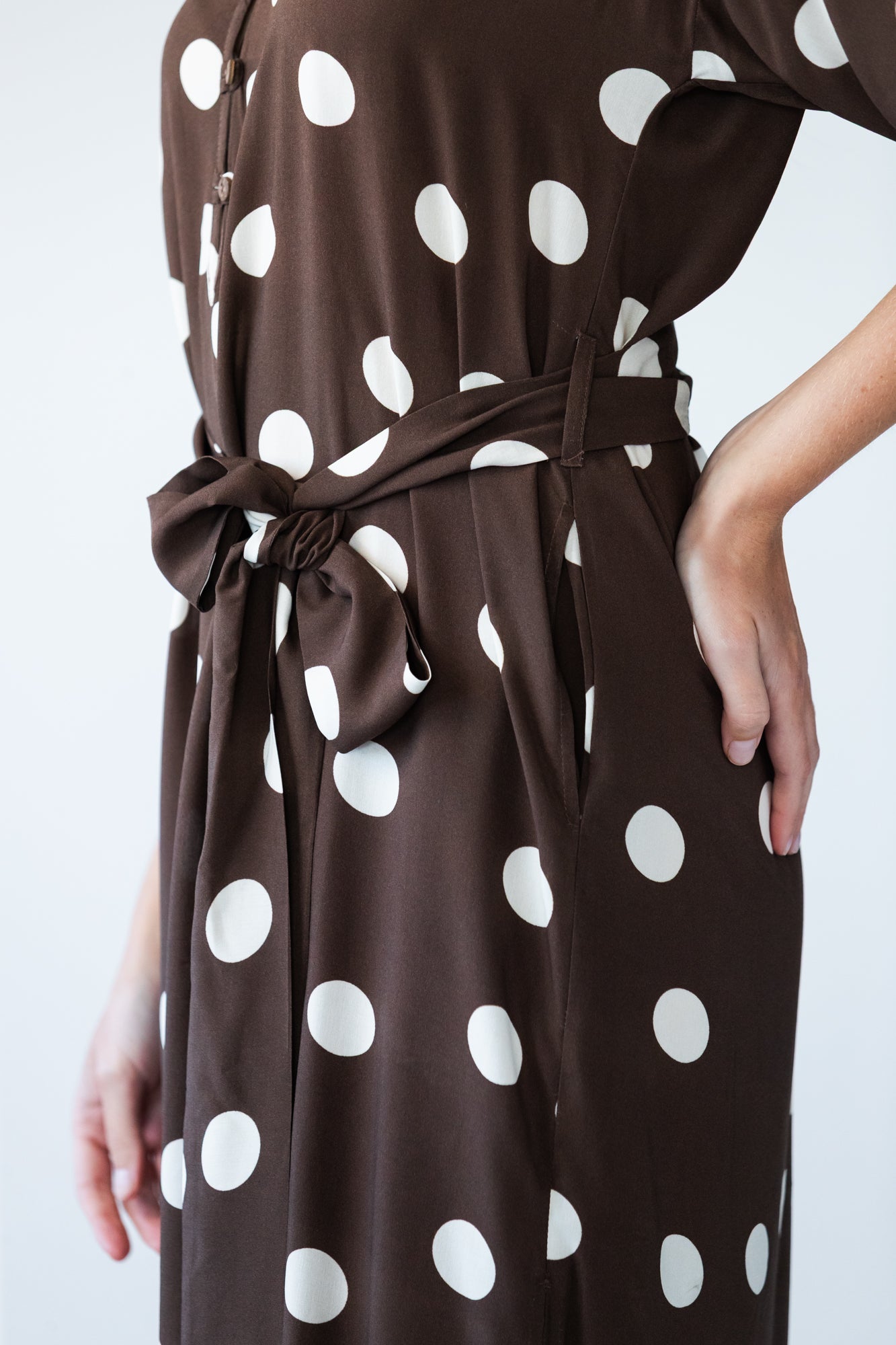 Sloane polka dot dress, close up of belt and side pocket