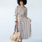 Cassidy creme and chocolate stripe dress, front view with belt