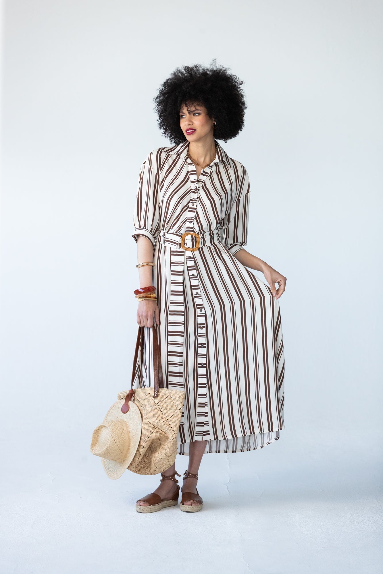 Cassidy creme and chocolate stripe dress, front view with belt