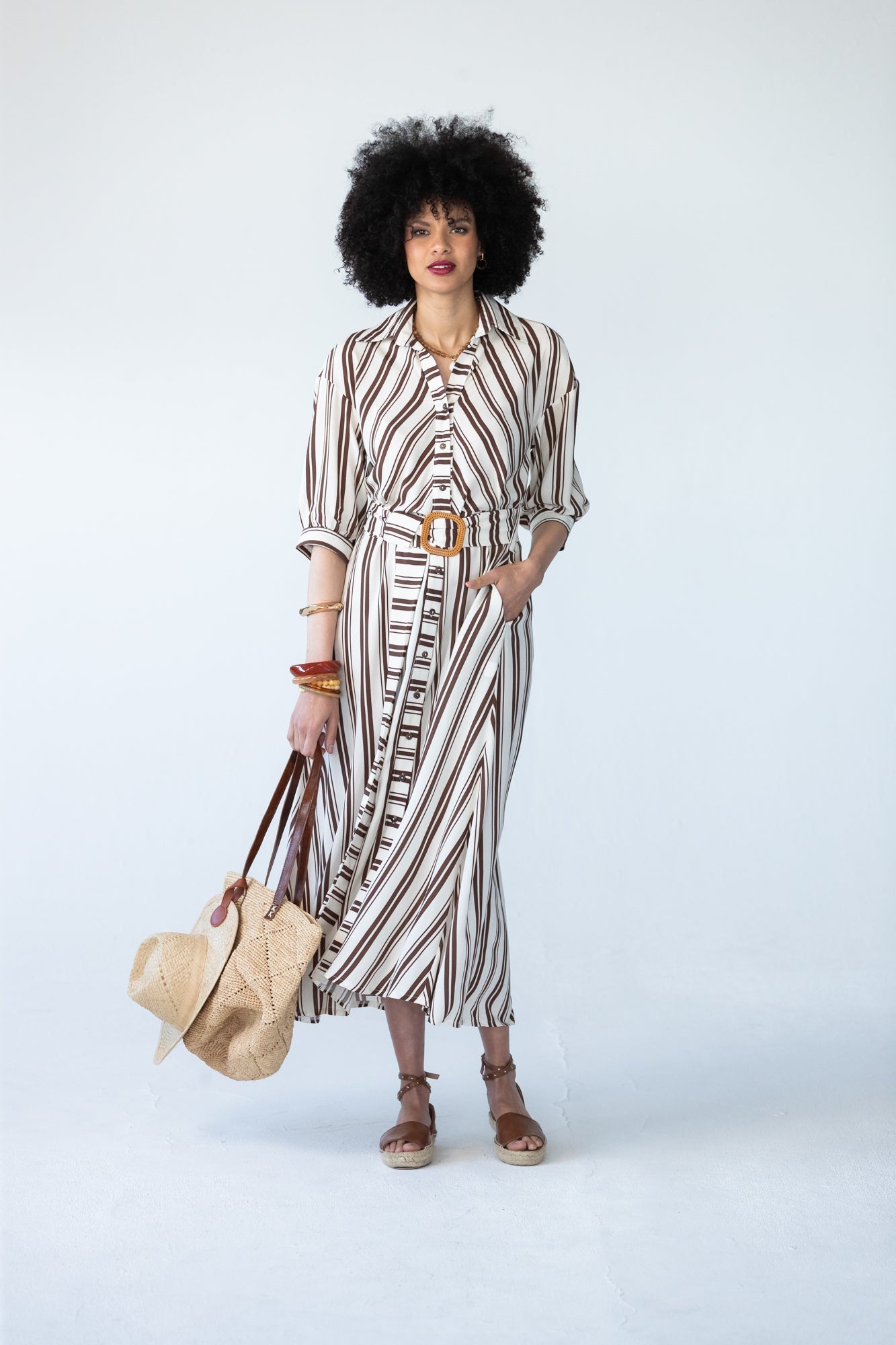 Cassidy stripe dress, front view with hand in pocket