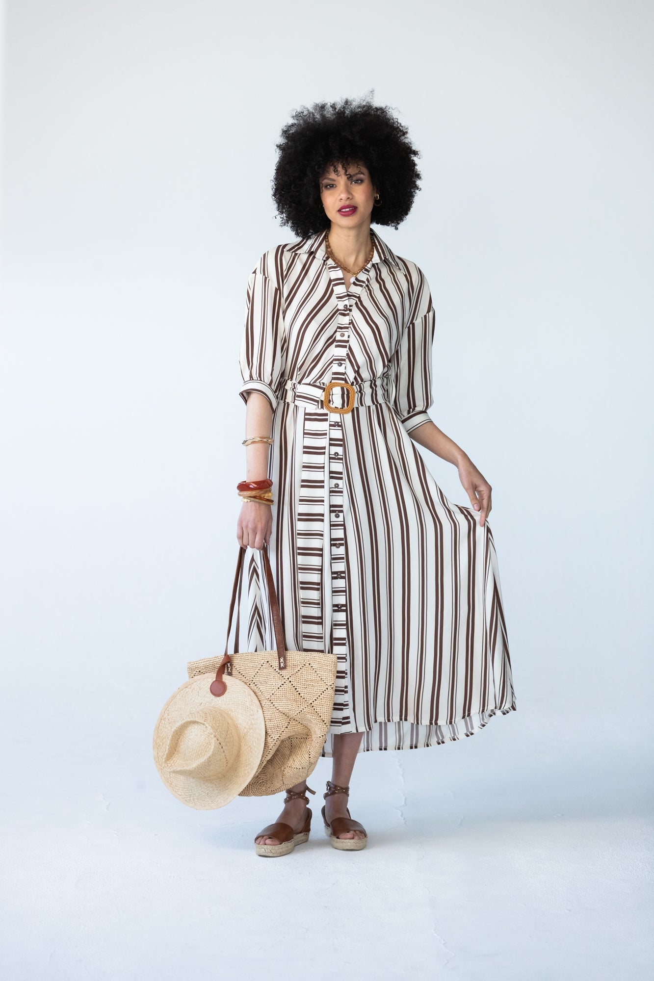 Cassidy stripe dress, front view with skirt in motion showing A-line shape