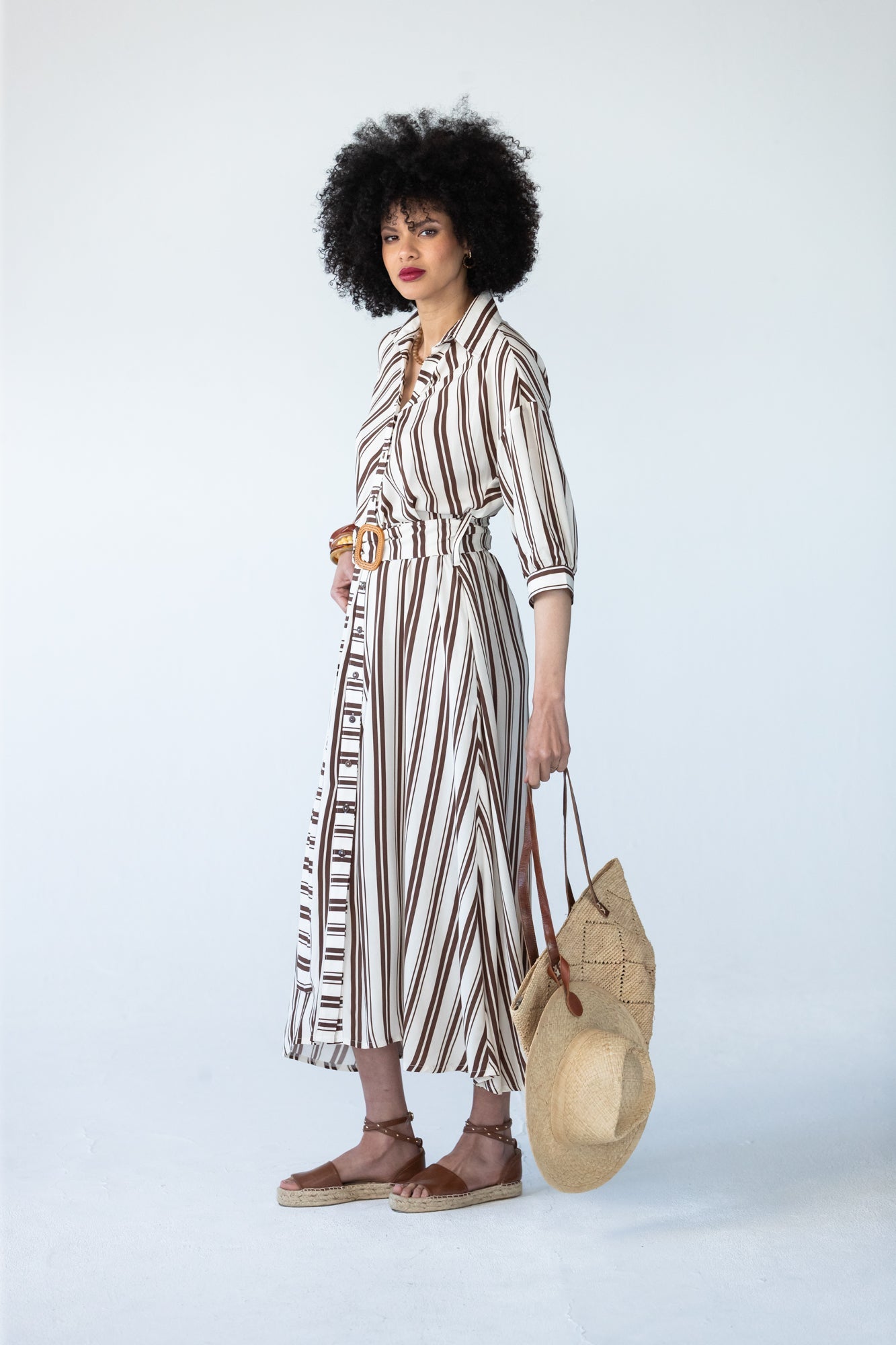 Cassidy stripe dress, side profile showing collar and gauged cuff