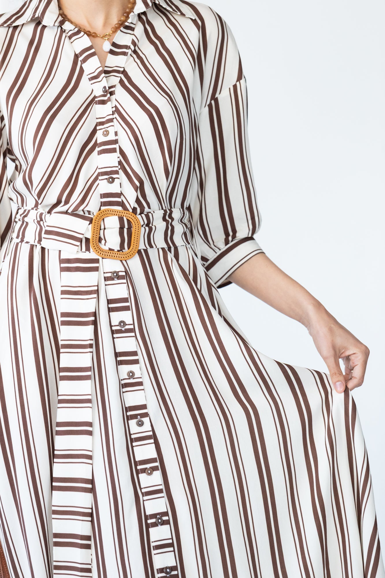 Cassidy stripe dress, close up view with skirt in motion showing A-line shape