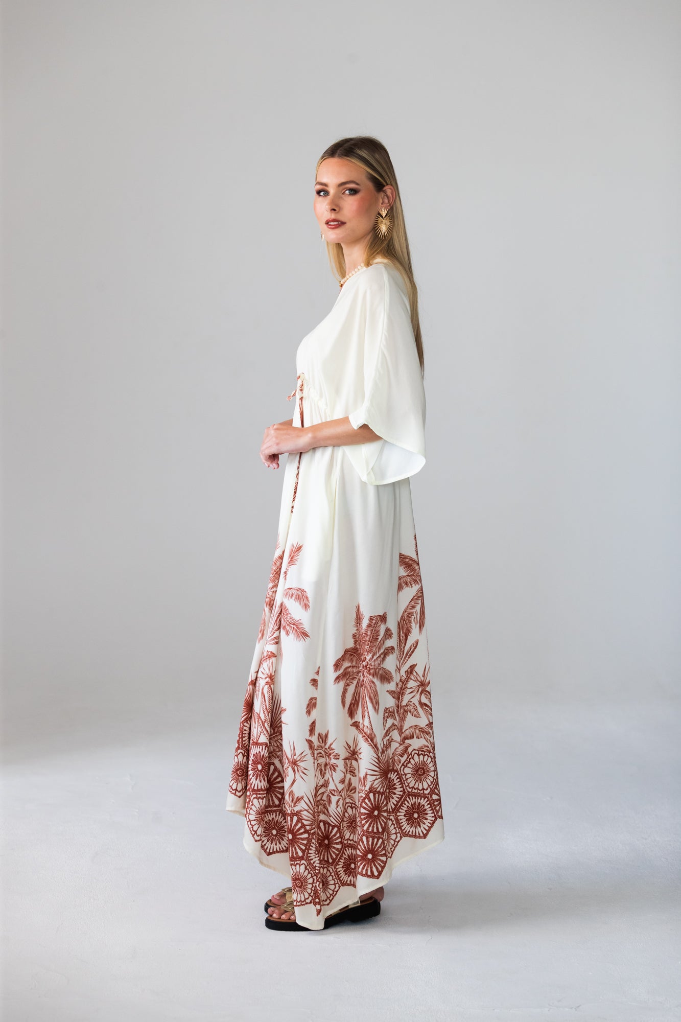 Georgia cream palm print kaftan, side profile showing drawstring waist