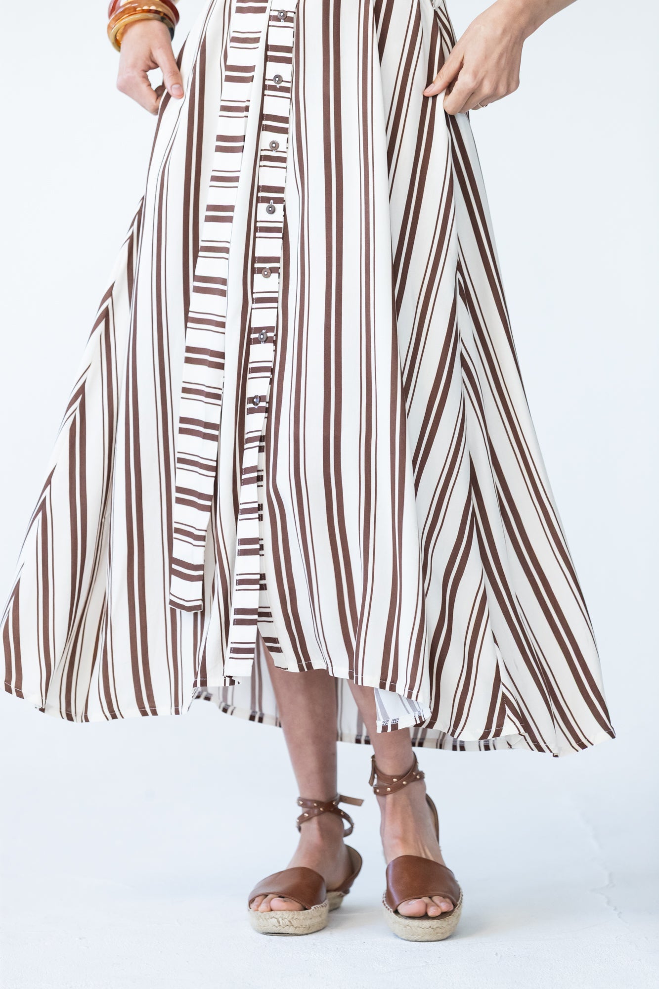 Cassidy stripe dress, front close up with skirt in motion