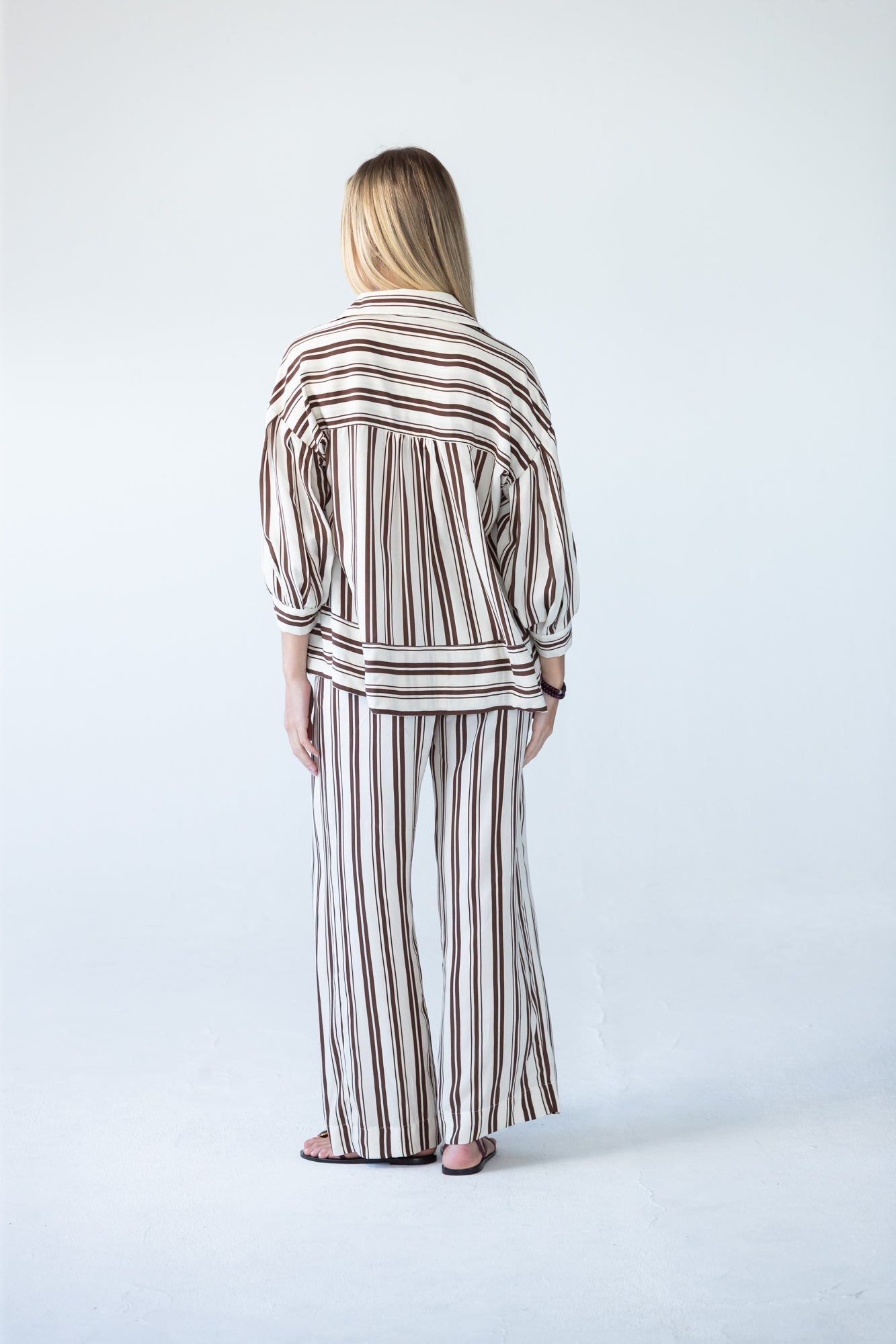 Sydney chocolate stripe wide leg pants, back view full length