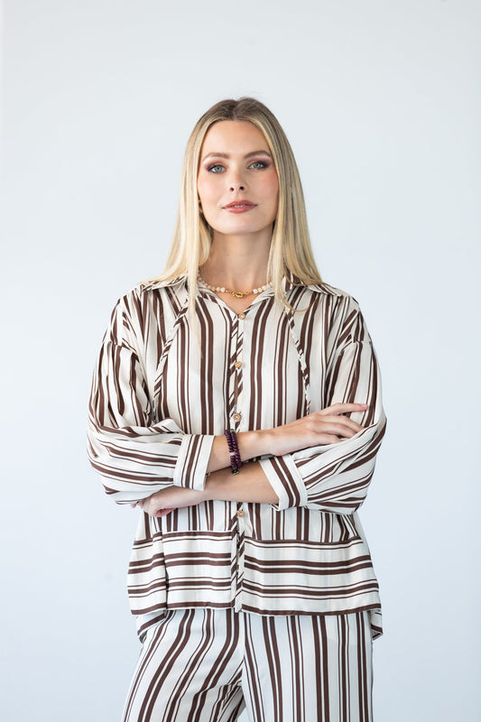 Blake chocolate stripe shirt, front view with arms crossed
