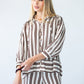 Blake chocolate stripe shirt, front view looking to the side