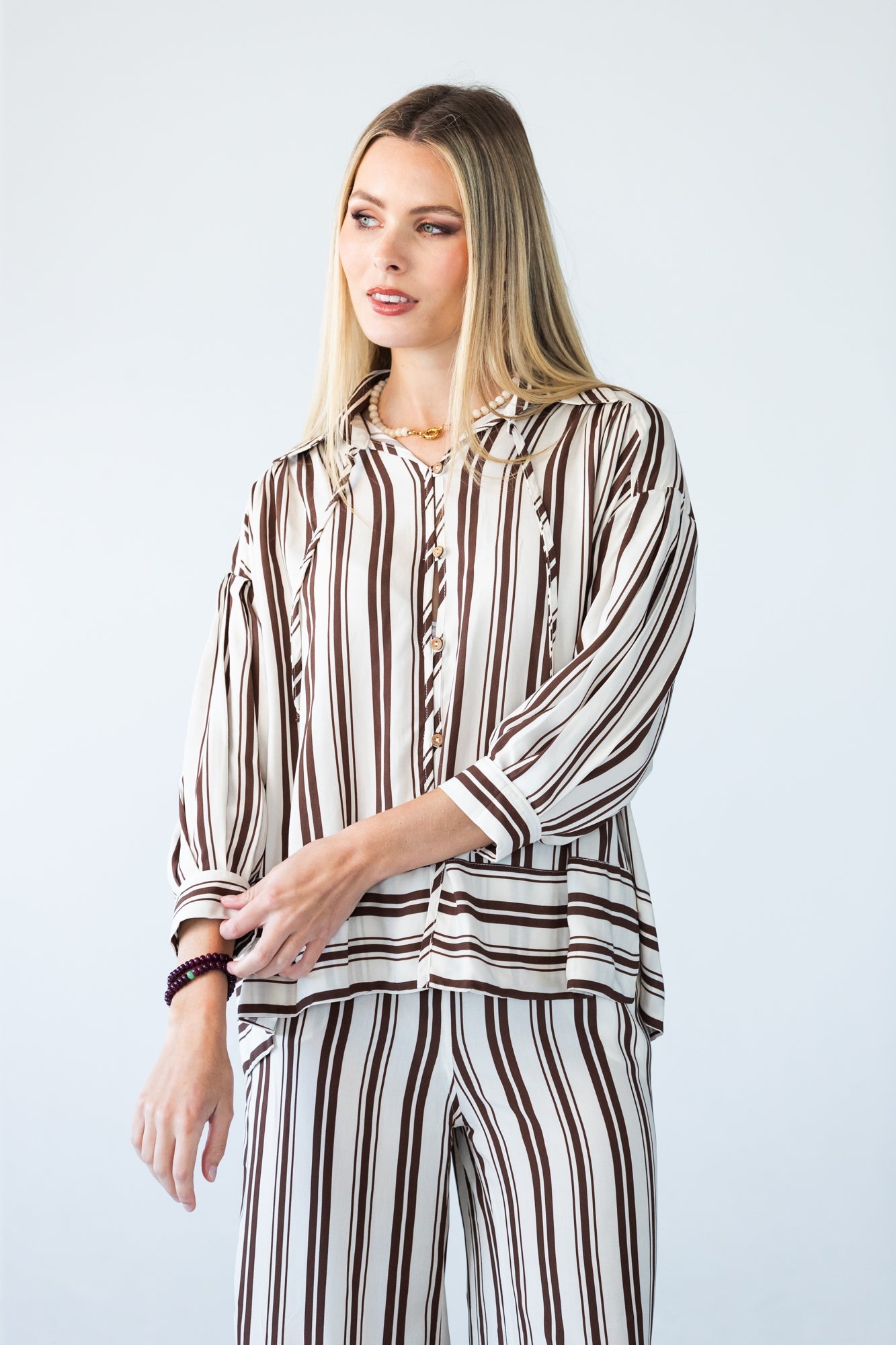 Blake chocolate stripe shirt, front view looking to the side