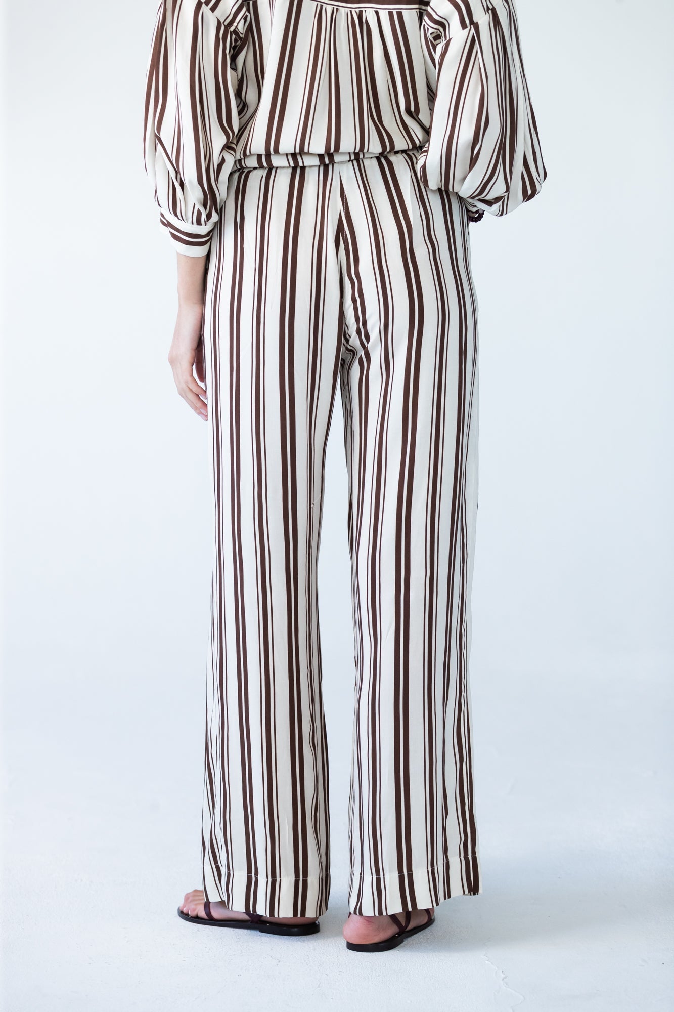 Sydney chocolate stripe wide leg pants, close up back view of waistband
