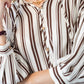 Blake chocolate stripe shirt, close up of neckline and placket