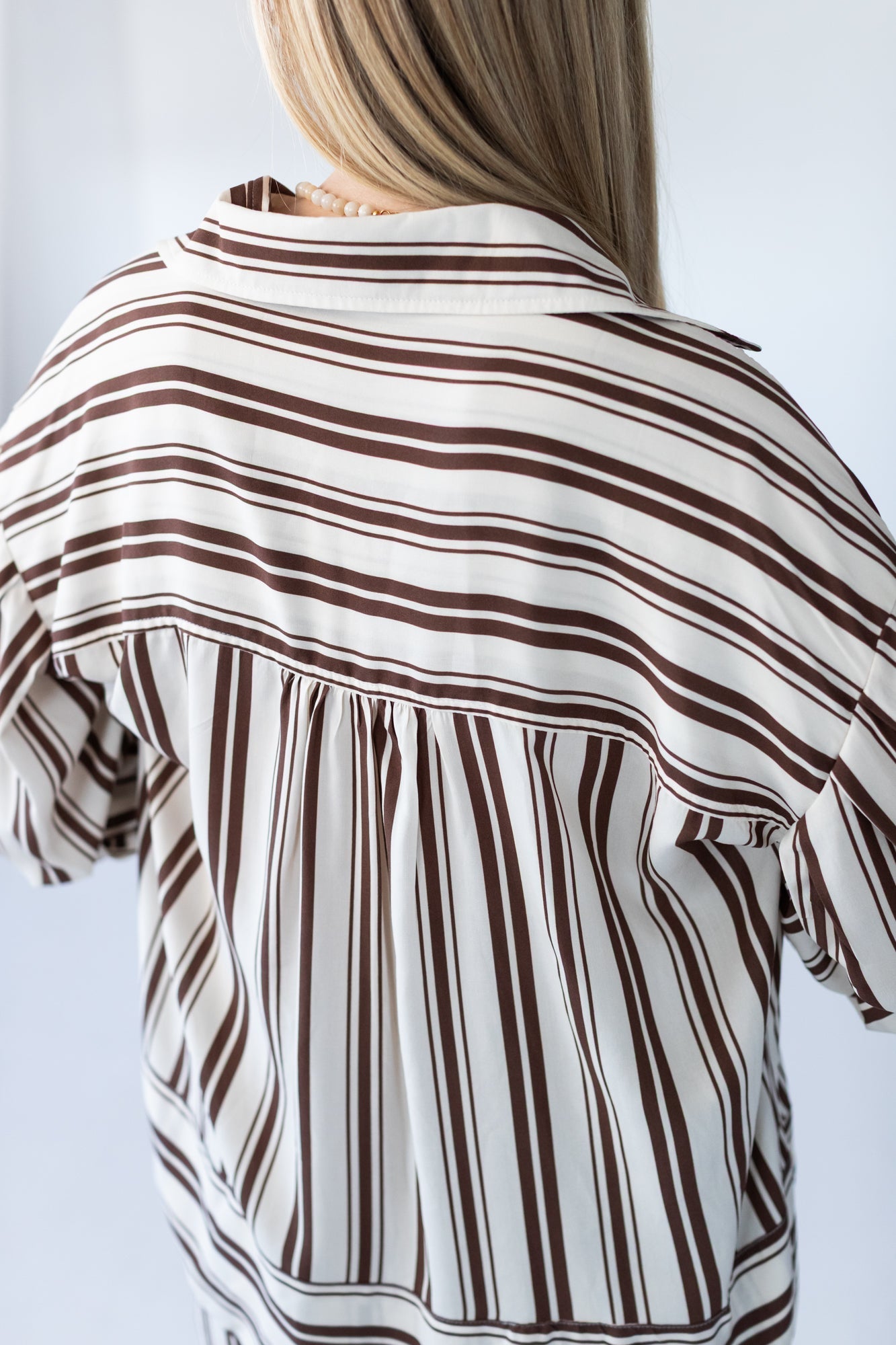 Blake chocolate stripe shirt, back view showing collar and gathered yoke