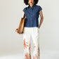 Sydney creme palm border wide leg pants, front view styled with denim shirt