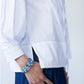 Blake white poplin shirt, close up side view of hem