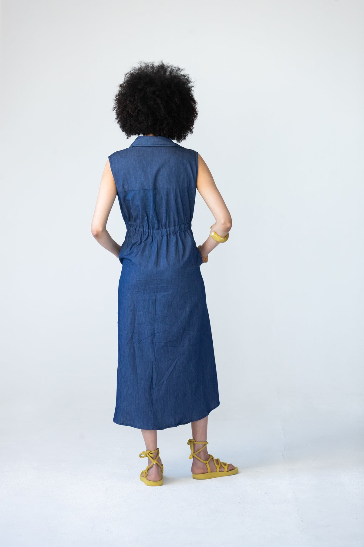 Sutton denim shirt-dress, full-length back view showing yoke and elasticated waist