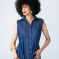 Sutton denim shirt-dress, three-quarter front view showing collar, button placket and elasticated waist