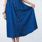 Sutton denim shirt-dress, skirt held out showing midi length, button placket and red thread on last button