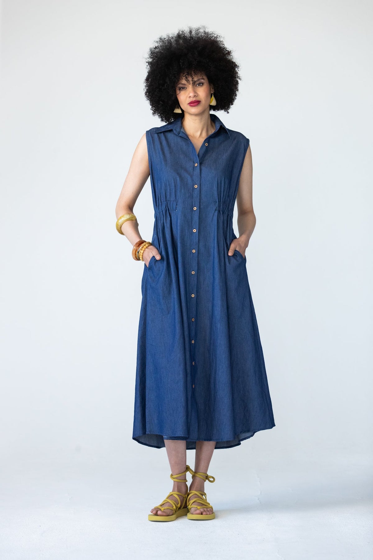 Sutton denim shirt-dress, full-length front view with hands in pockets