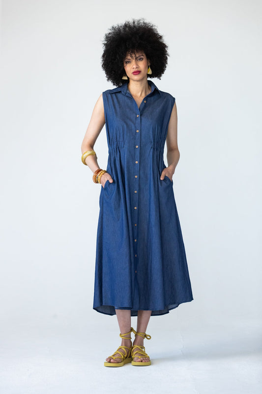 Sutton denim shirt-dress, full-length front view with hands in pockets