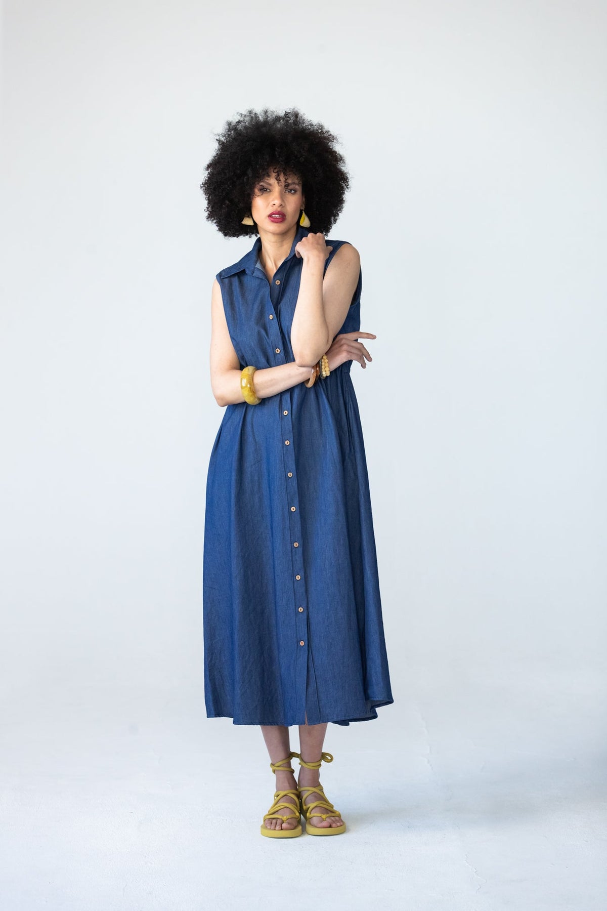 Sutton denim shirt-dress, full-length front view with arms crossed