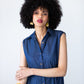 Sutton denim shirt-dress, front view of collar and button placket