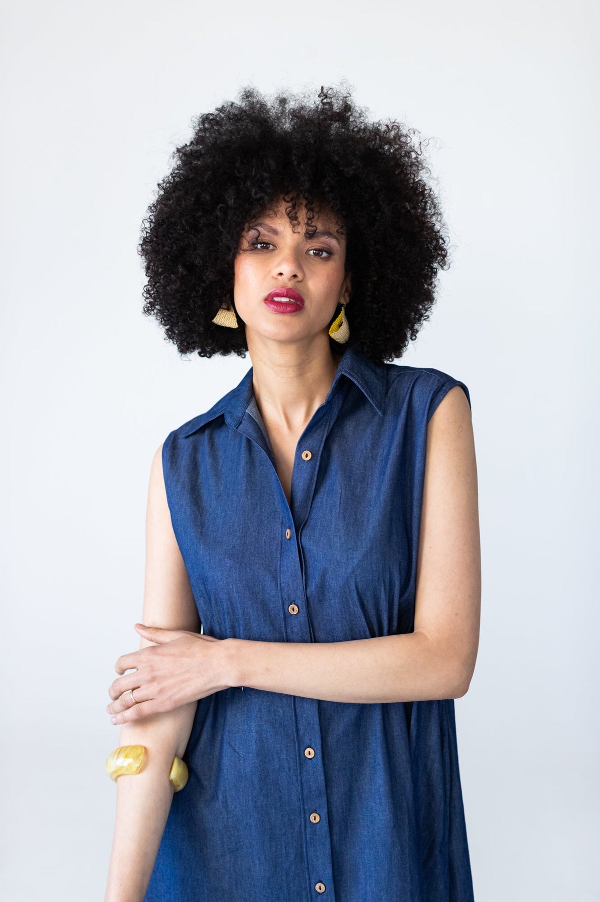 Sutton denim shirt-dress, front view of collar and button placket