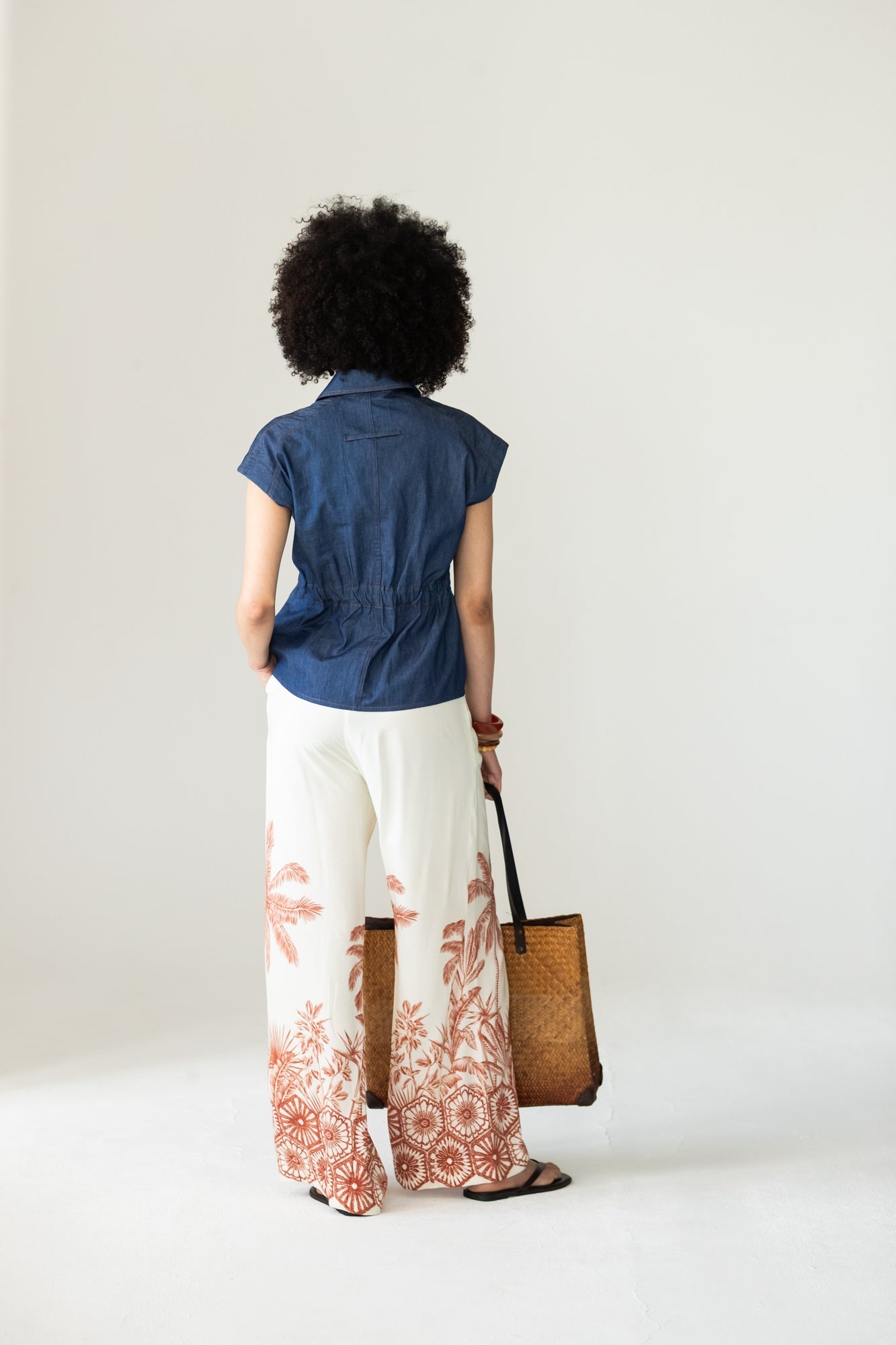 Sydney palm border wide leg pants, back view