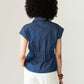 Reese denim shirt, back view showing collar and elasticated waist