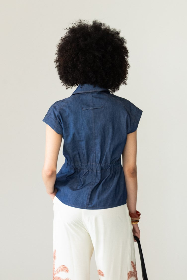 Reese denim shirt, back view showing collar and elasticated waist