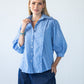 Claire frill stripe shirt, front view with hand at collar