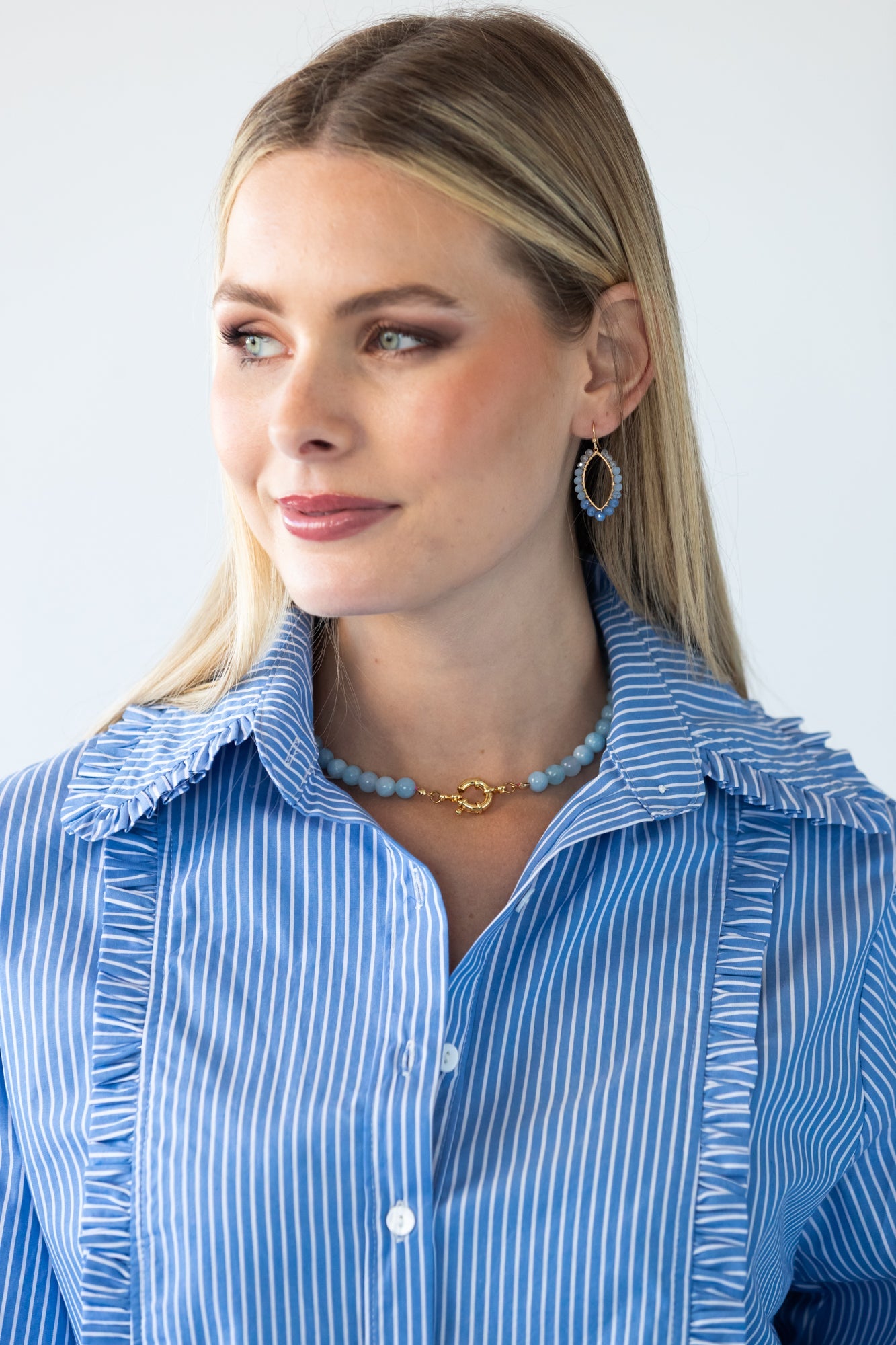 Claire frill stripe shirt, close up of collar and neckline