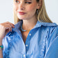 Claire frill stripe shirt, close up of collar with hand at neckline