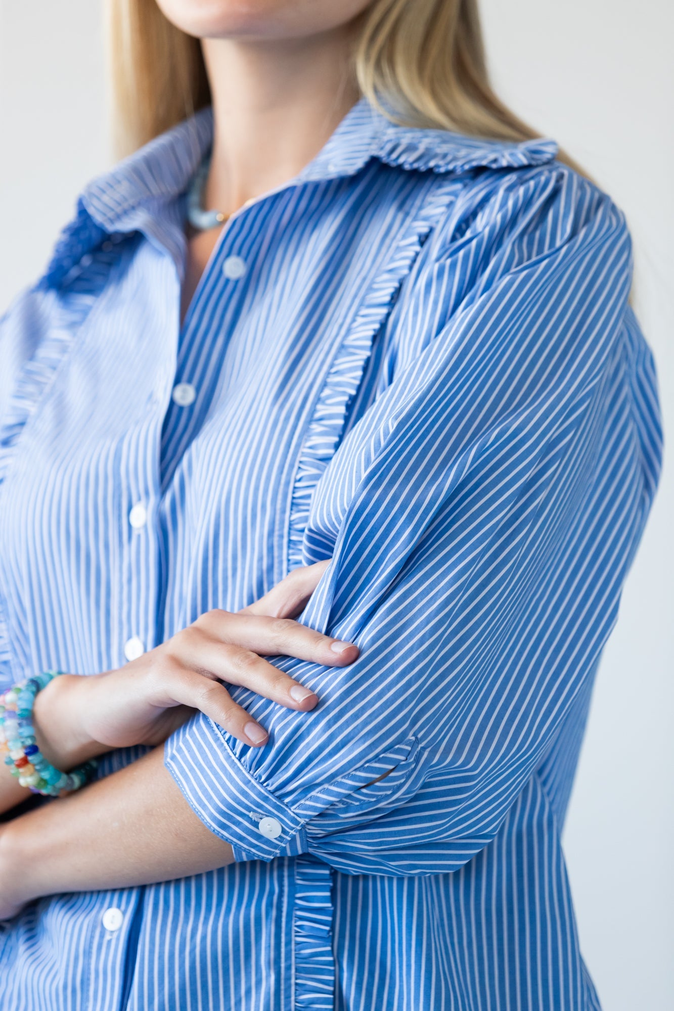 Claire frill stripe shirt, close up of sleeve and double-button cuff