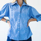 Claire frill stripe shirt, front view with hands on hips
