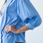 Claire frill stripe shirt, side view with hand at hip