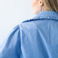 Claire frill stripe shirt, back view showing gathered shoulder
