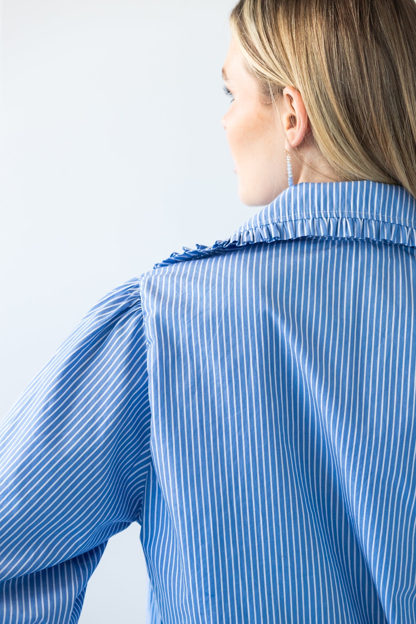 Claire frill stripe shirt, back view showing gathered shoulder