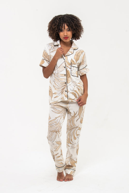 Classic Short Sleeve Long Pants Set - Creme and White