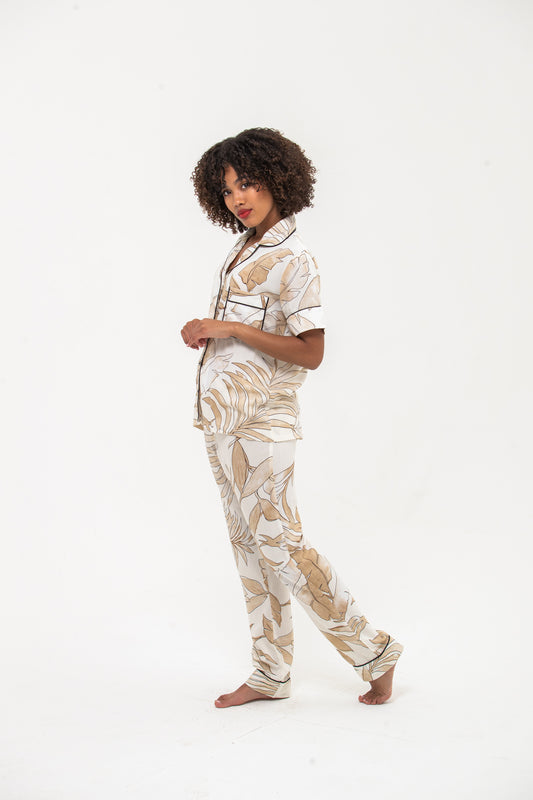 Classic Short Sleeve Long Pants Set - Creme and White