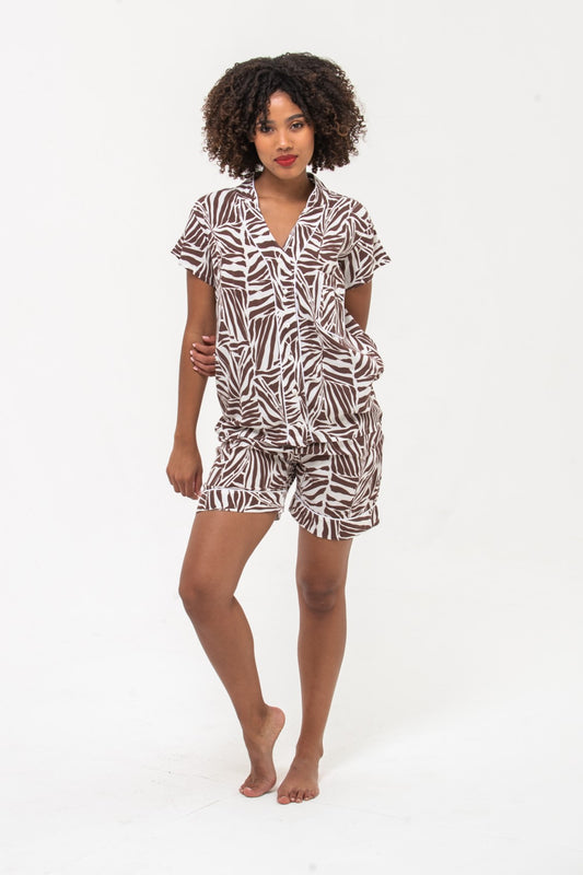Short Mandarin Pyjama Set - Chocolate & White
