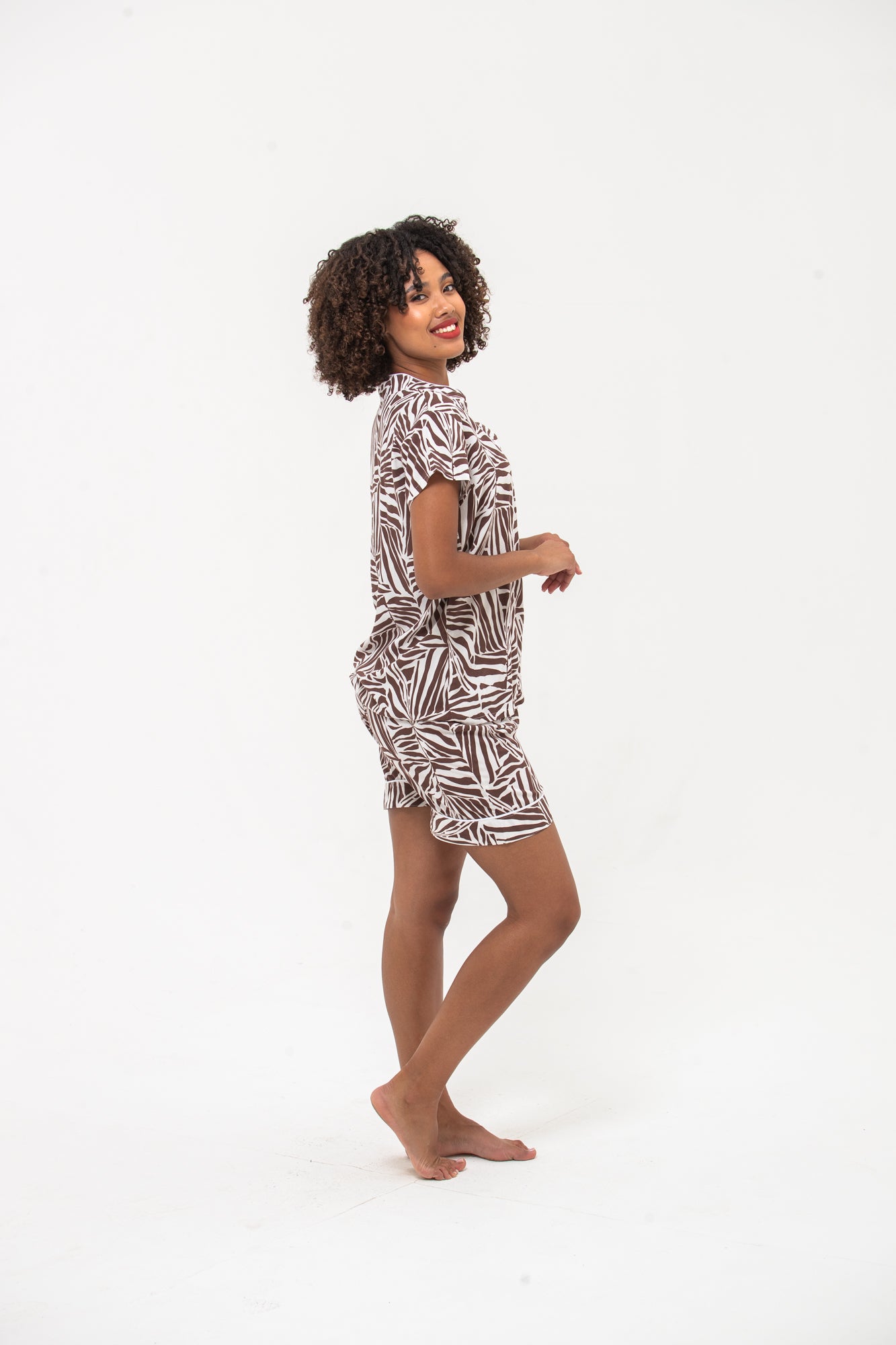 Short Mandarin Pyjama Set - Chocolate & White