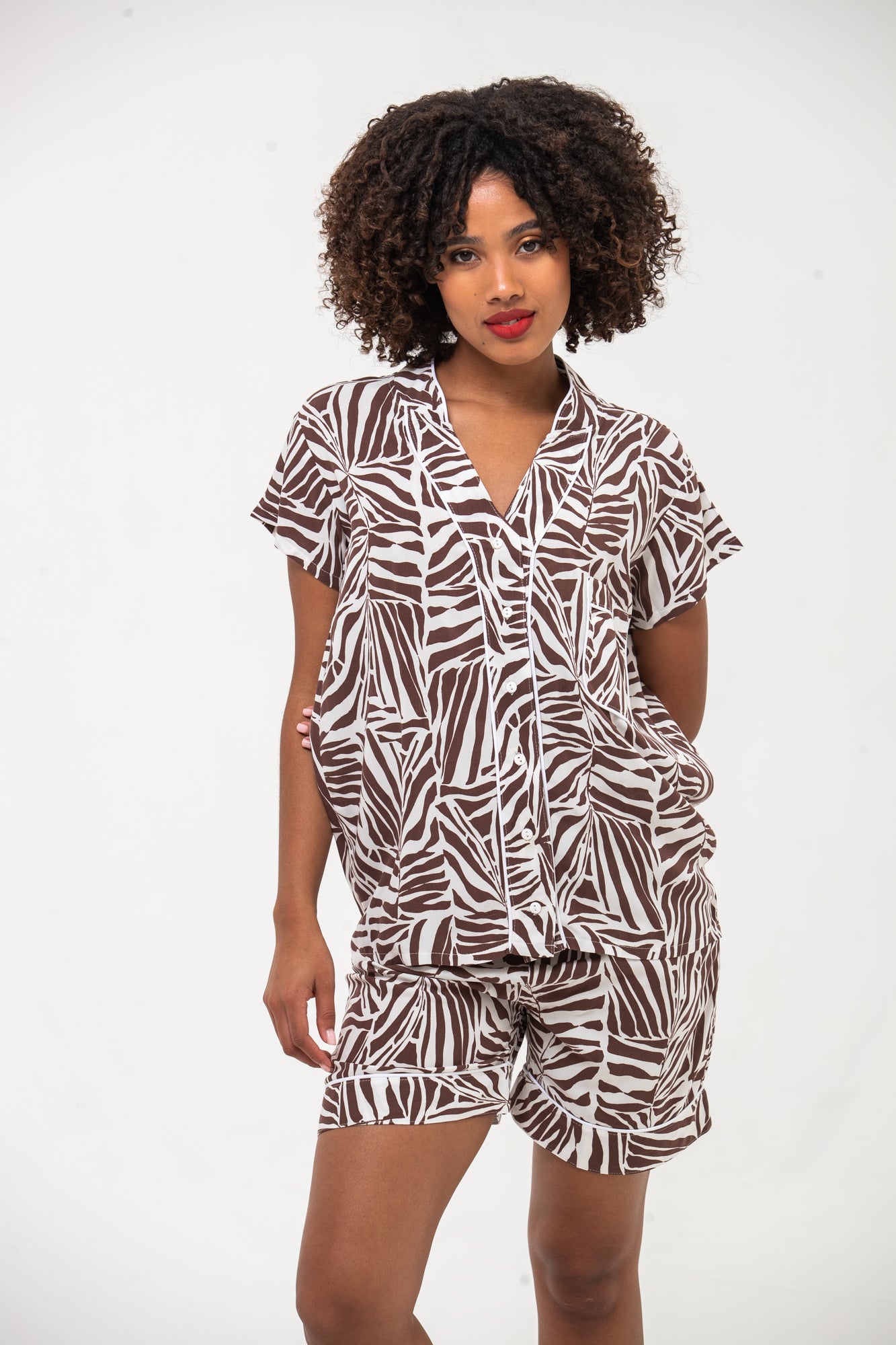 Short Mandarin Pyjama Set - Chocolate & White