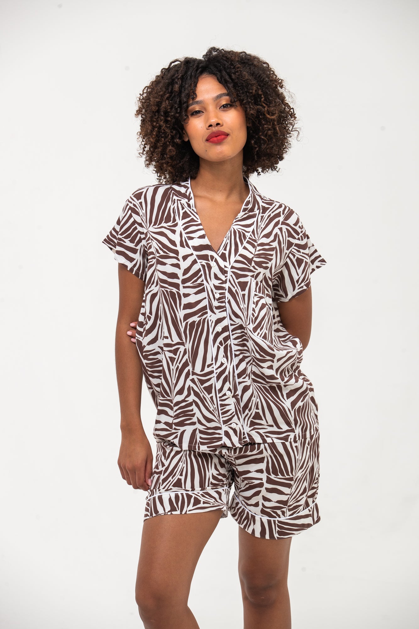 Short Mandarin Pyjama Set - Chocolate & White