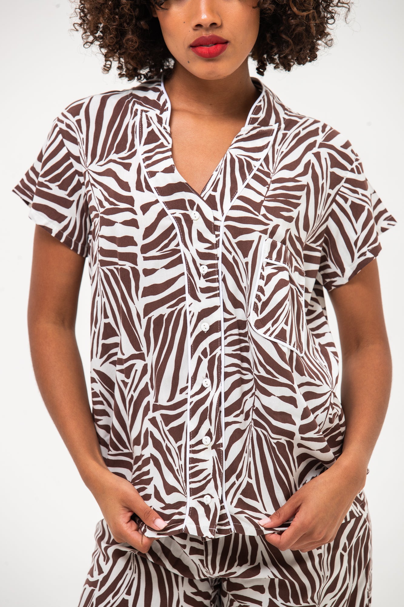 Short Mandarin Pyjama Set - Chocolate & White