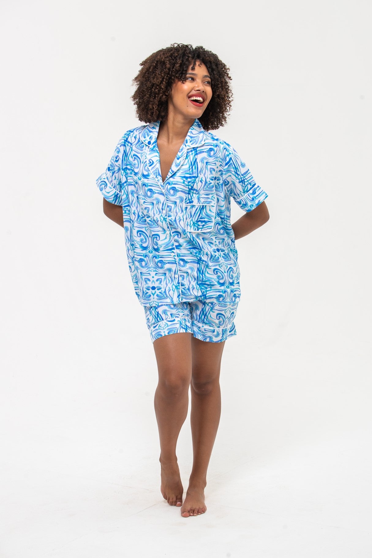 Short Pyjama Set - Turquoise & White