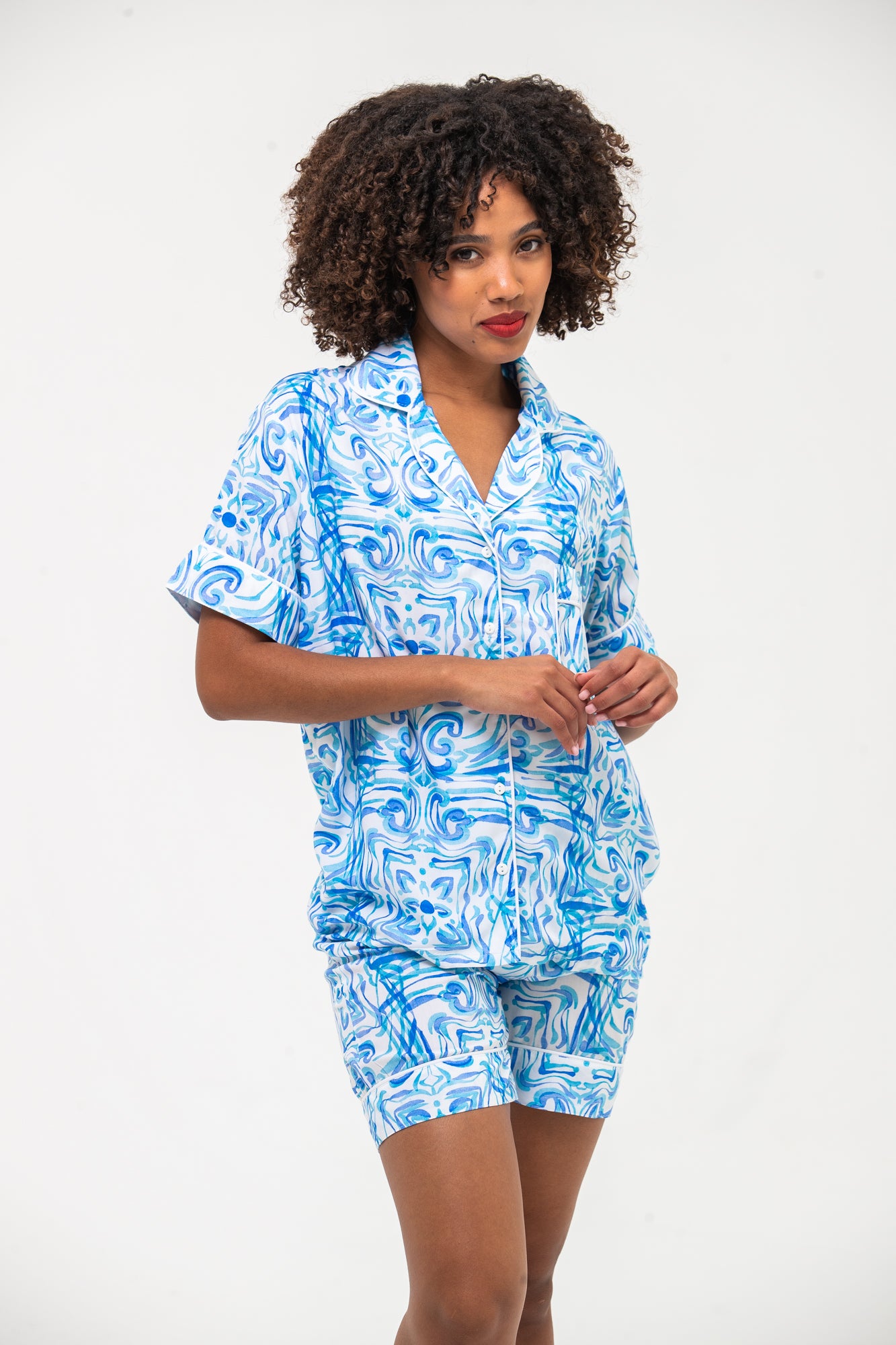 Short Pyjama Set - Turquoise & White