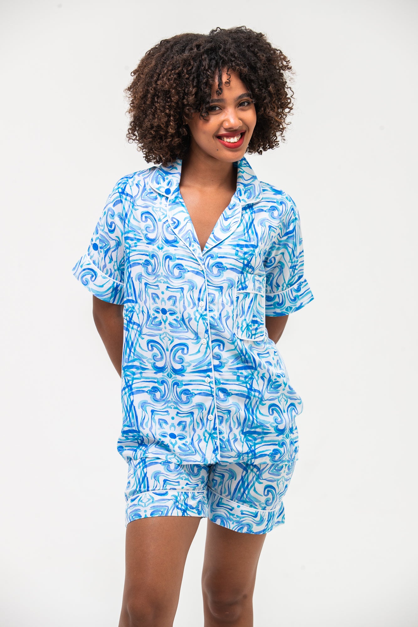 Short Pyjama Set - Turquoise & White